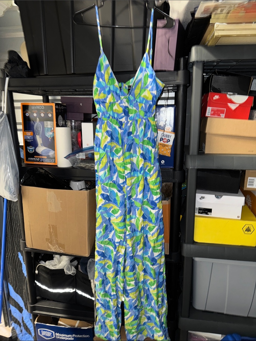 Blue & Green Leaf-Print Spaghetti Strap One-Piece jumpsuit